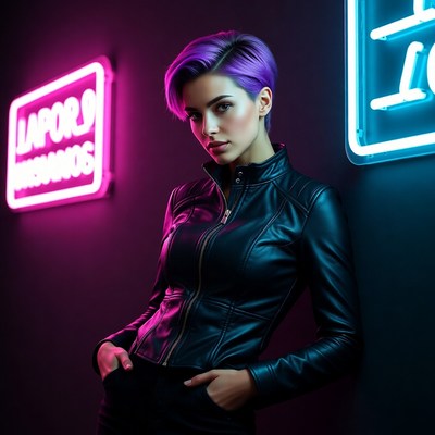 Woman with purple hair in neon lights