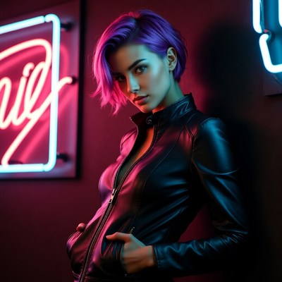 Purple-haired woman in leather jacket neon lights