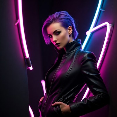 Woman with purple hair in neon lights