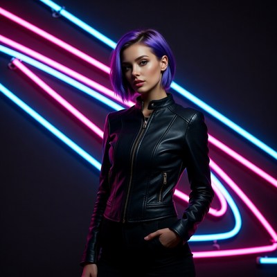 Woman with purple hair in neon lights