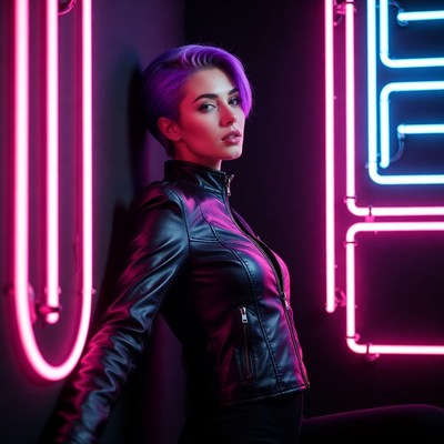 Woman with purple hair in neon lights