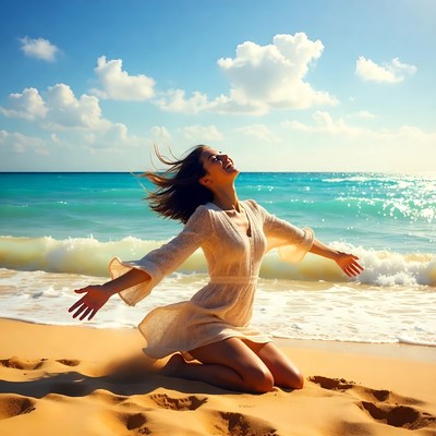 Woman kneeling on beach with arms outstretched