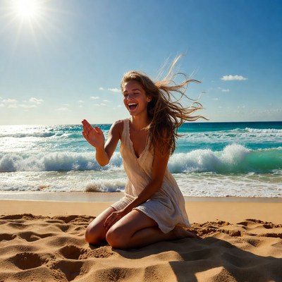 Blonde woman waving on sunny beach