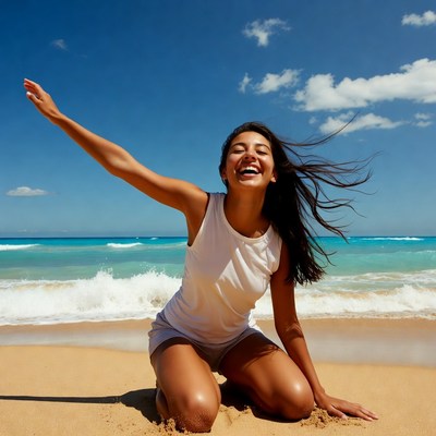 Smiling woman kneeling on beach