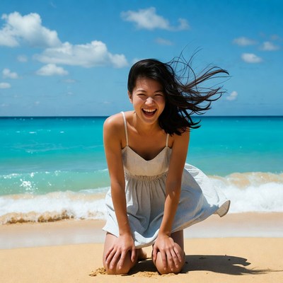Asian woman laughing on beach