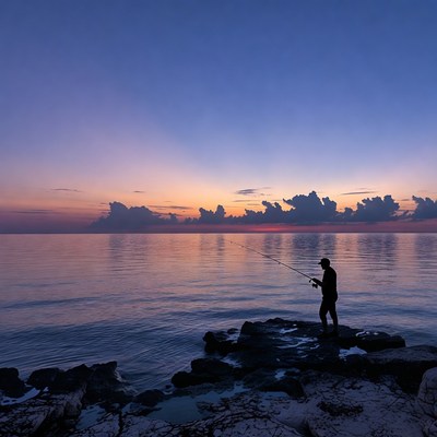 Silhouette man fishing at sunset