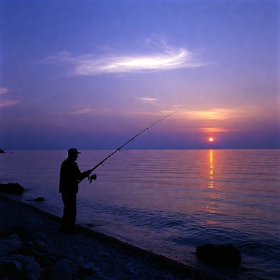 Silhouette man fishing at sunset