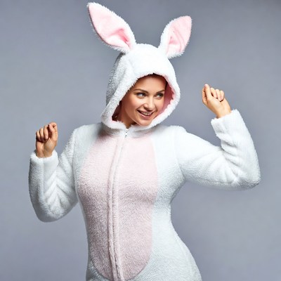 Woman in pink bunny onesie