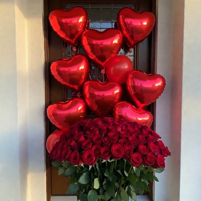 Red Heart Balloons Roses Front Door