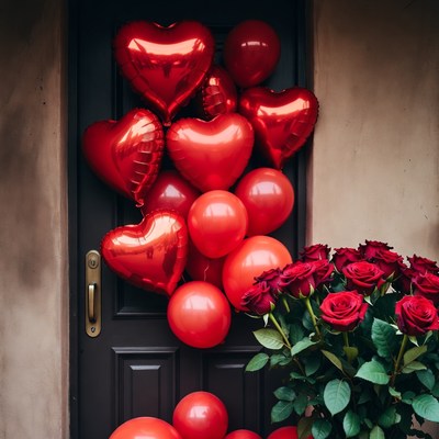 Red Heart Balloons on Door with Roses