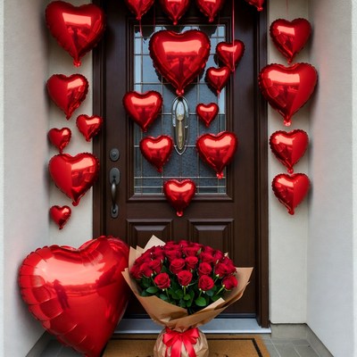 Red Heart Balloons and Roses at Door