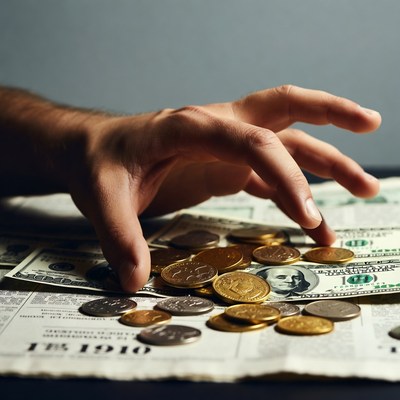 Man's hand grabbing money pile