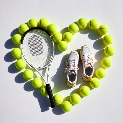 Tennis racket, balls, shoes heart shape