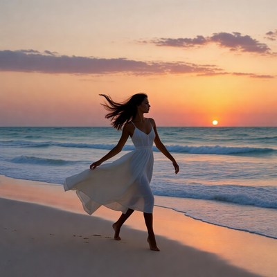 Woman walking barefoot on sunset beach