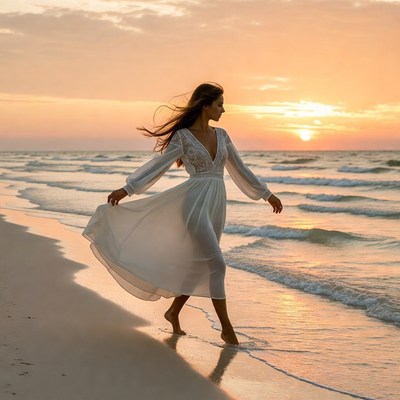 Woman in white dress walking beach sunset