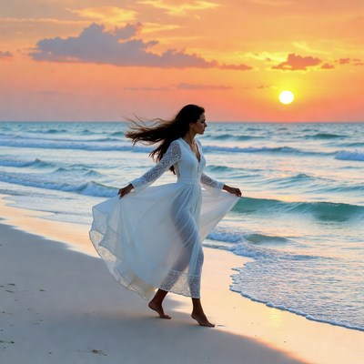 Woman in white dress on sunset beach