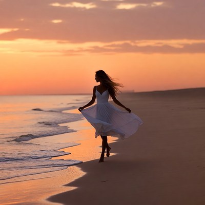 Woman in white dress on sunset beach