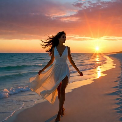 Woman in white dress at sunset beach