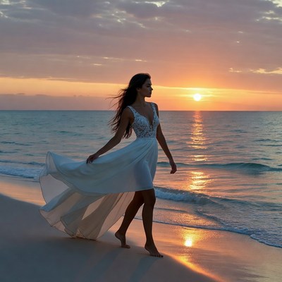Bride walking on beach at sunset