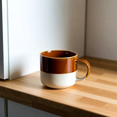 Brown and white mug on wooden surface