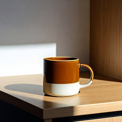 Brown and white mug on wooden table