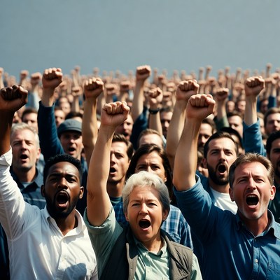 Diverse crowd raising fists in protest