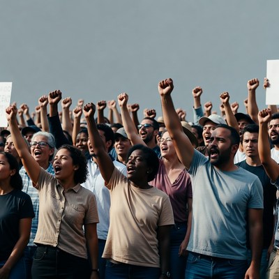 Diverse crowd protesting with raised fists