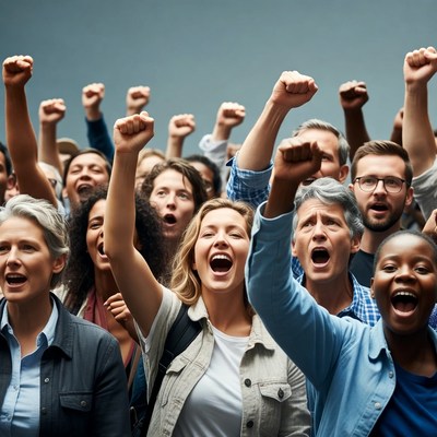 Diverse crowd raising fists