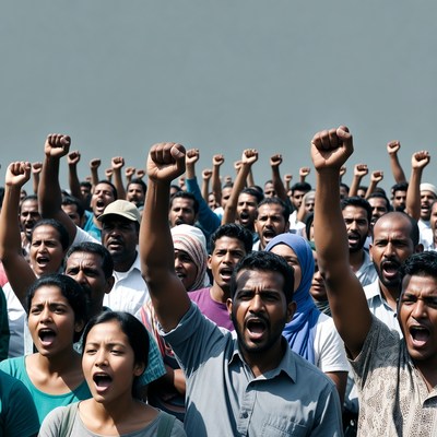 Crowd raising fists in protest