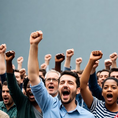 Diverse crowd raising fists