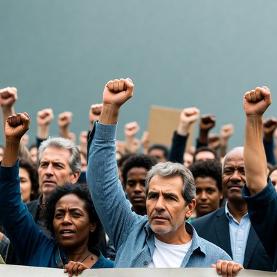 Diverse crowd raising fists at protest