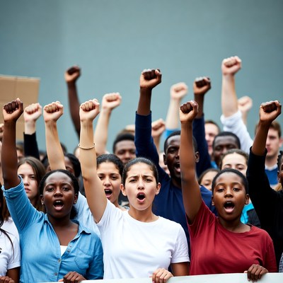Diverse crowd raising fists in protest