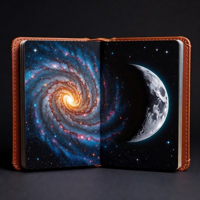 Open leather notebook with galaxy and moon