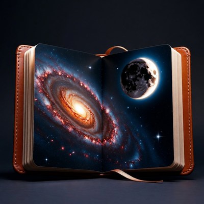 Open book revealing galaxy and moon