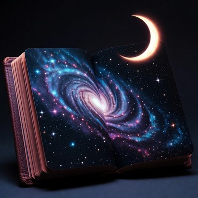 Open book with galaxy and crescent moon