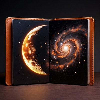 Open leather journal with moon and galaxy