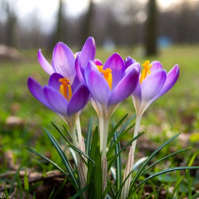 Purple crocuses blooming in grass