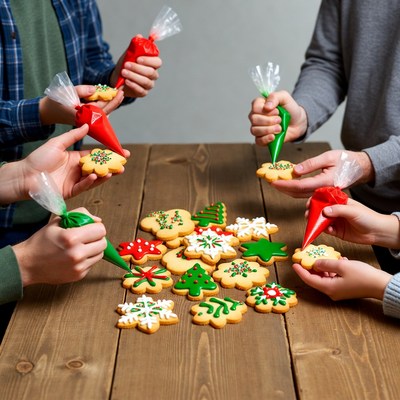 Family decorating Christmas cookies