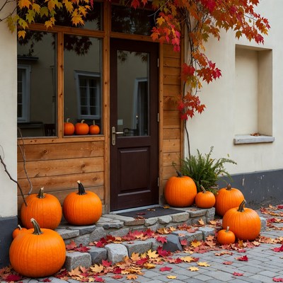 Autumn Pumpkins by Wooden Door