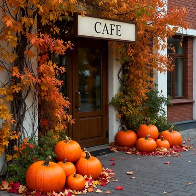 Autumn Cafe Entrance with Pumpkins