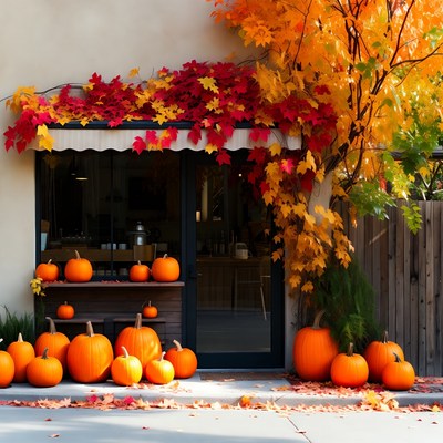 Autumn pumpkins by shop entrance