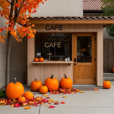 Autumn Cafe with Pumpkins and Fall Leaves