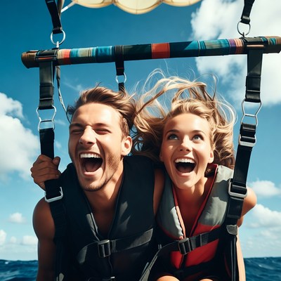 Couple parachuting over ocean laughing