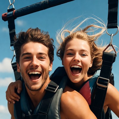 Smiling couple paragliding in sky