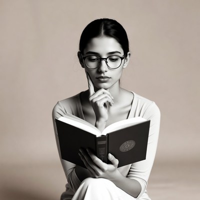 Woman reading book with hand on chin