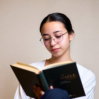 Asian girl reading book in glasses