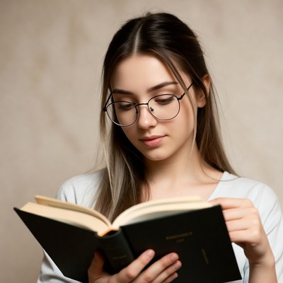 Young woman reading book with glasses