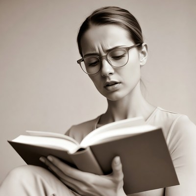 Woman reading book with confused expression