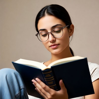 Young woman reading book with glasses