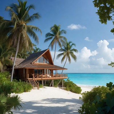 Wooden Beach House with Palm Trees